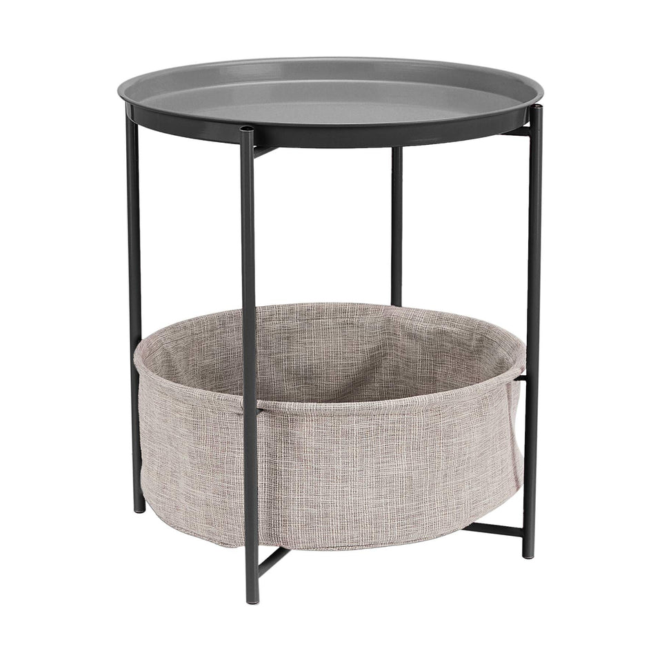 Amazon Basics round storage end table with tray top for drinks and decor in living spaces.