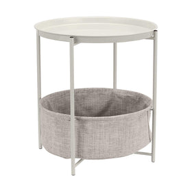 Amazon Basics round storage end table with tray top, ideal for drinks and decor.