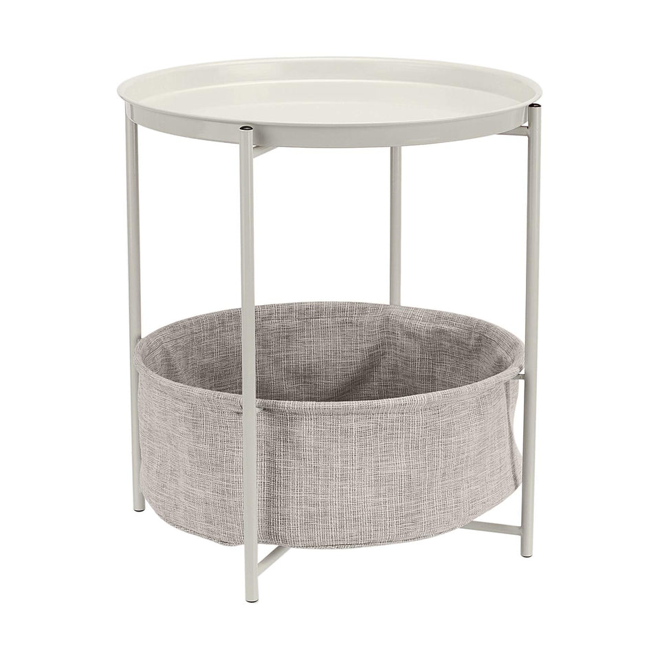 Amazon Basics round storage end table with tray top, ideal for drinks and decor.