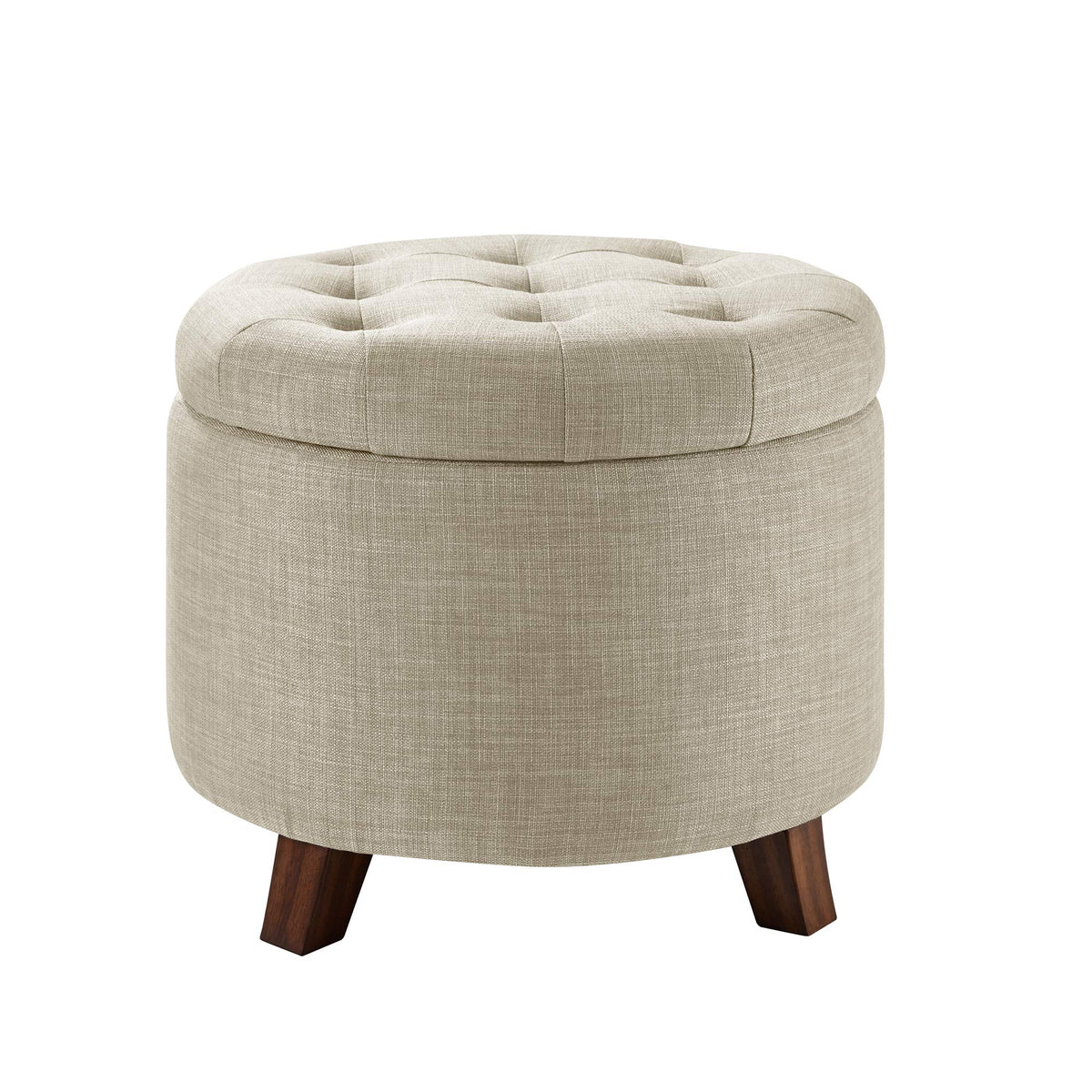 Amazon Basics round storage ottoman beige front view with hidden storage