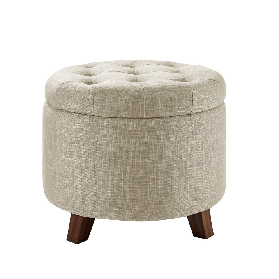 Amazon Basics round storage ottoman beige front view with hidden storage