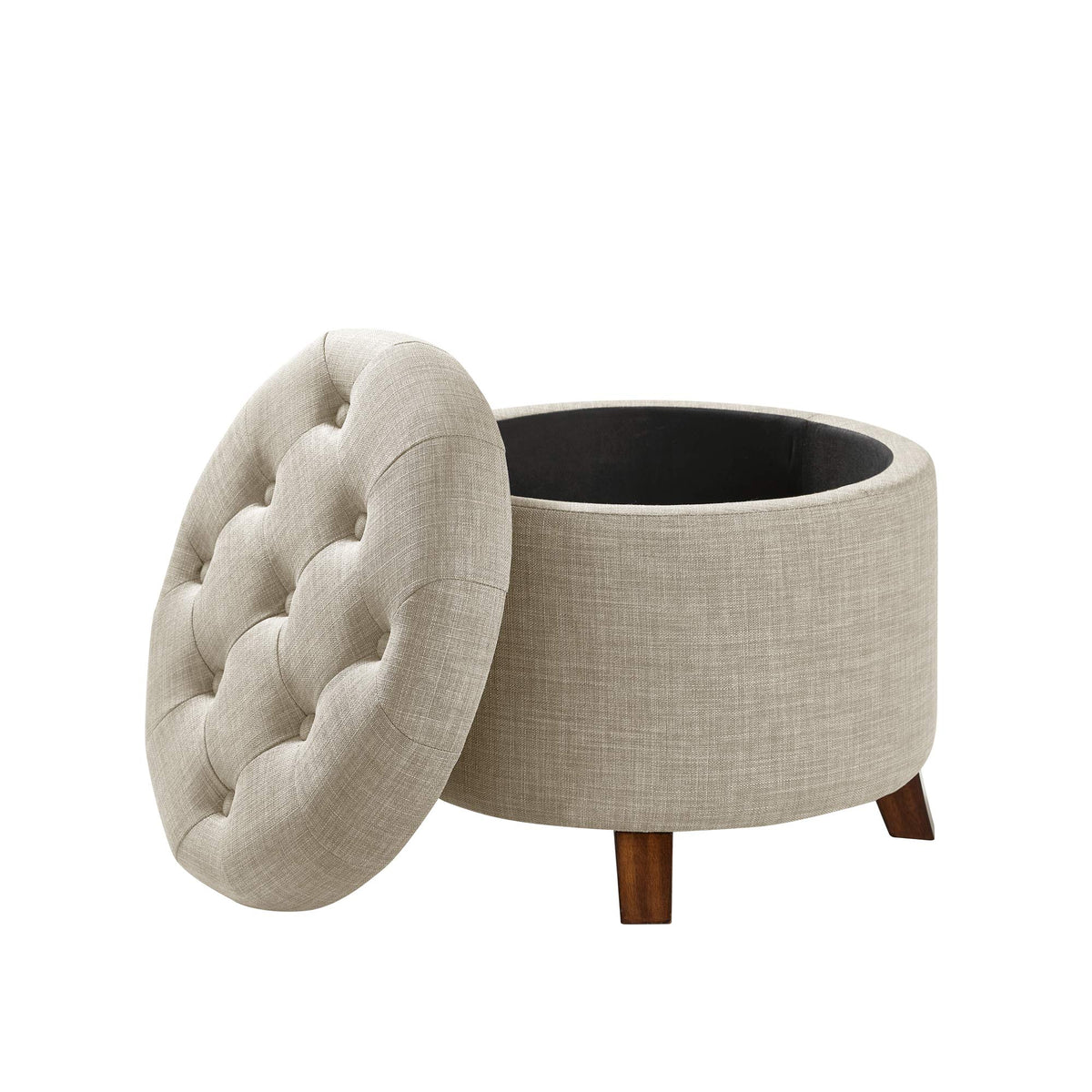 Amazon Basics beige round storage ottoman open compartment for interior storage