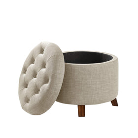 Amazon Basics beige round storage ottoman open compartment for interior storage