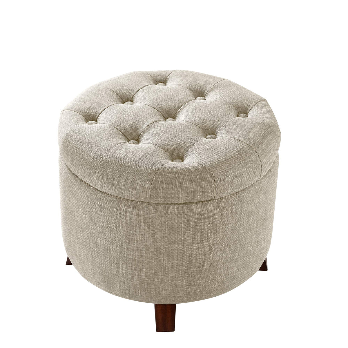 Amazon Basics beige round storage ottoman side view showing sturdy legs