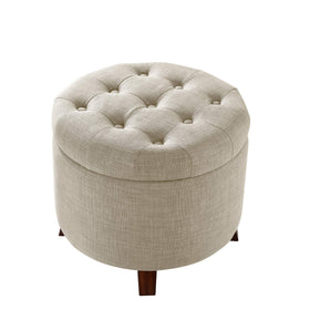 Amazon Basics beige round storage ottoman side view showing sturdy legs