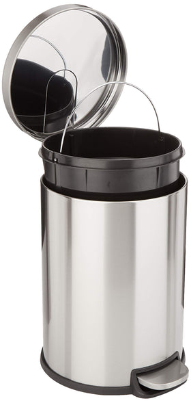 Amazon Basics round trash can with soft-close lid for quiet disposal.