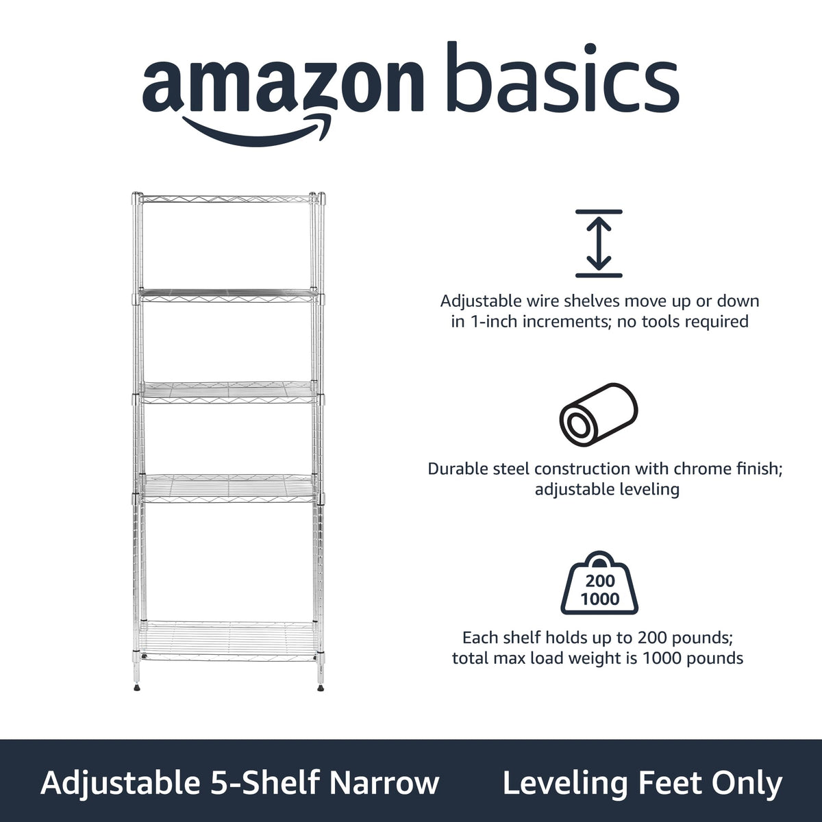 Amazon Basics shelving unit shown with tool-free assembly in chrome finish.