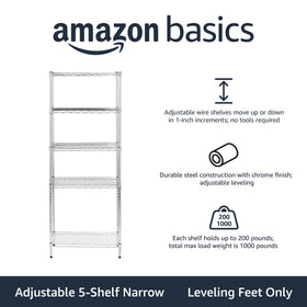 Amazon Basics shelving unit shown with tool-free assembly in chrome finish.