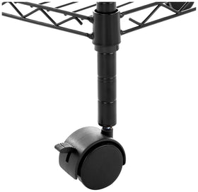 Amazon Basics shelving unit with wheels in motion for easy repositioning