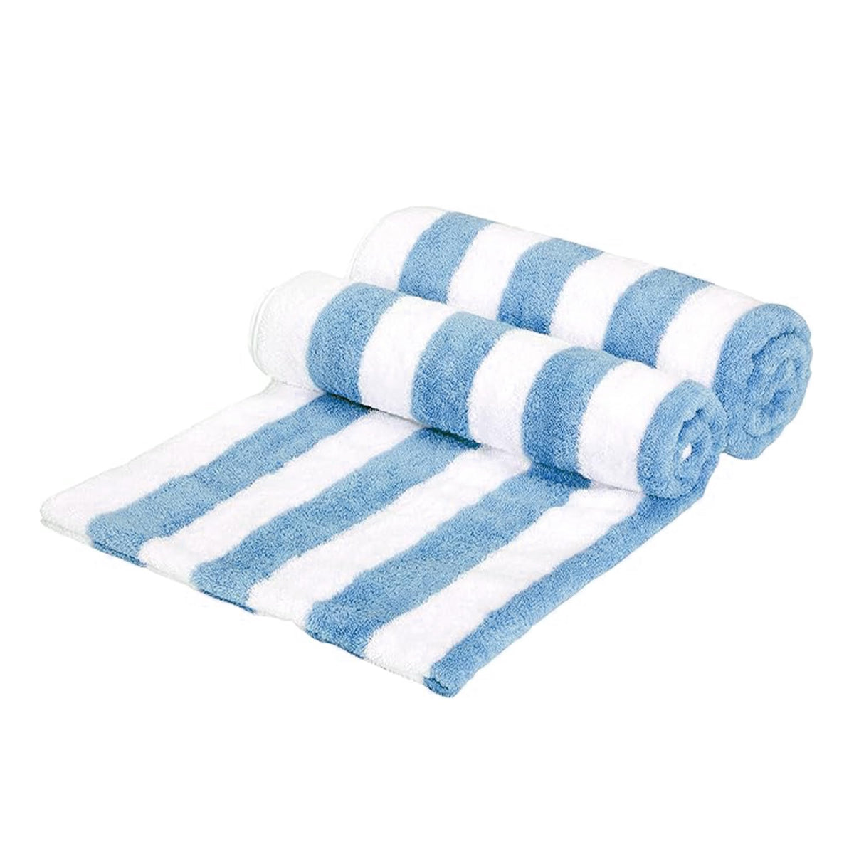 Amazon Basics sky blue cabana stripe towel on sand, ready for sun-filled moments.
