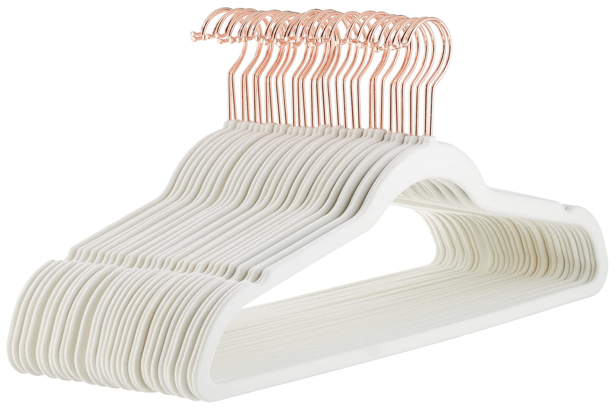 Amazon Basics slim velvet hangers keep shirts neatly hung while saving closet space