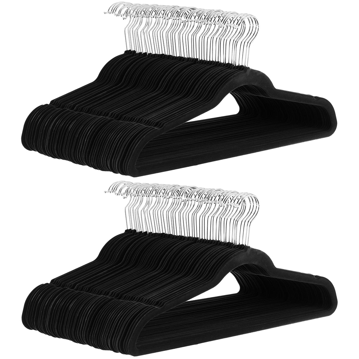 Amazon Basics slim velvet non-slip hangers demonstrate space-saving design for organized shirts and suits.