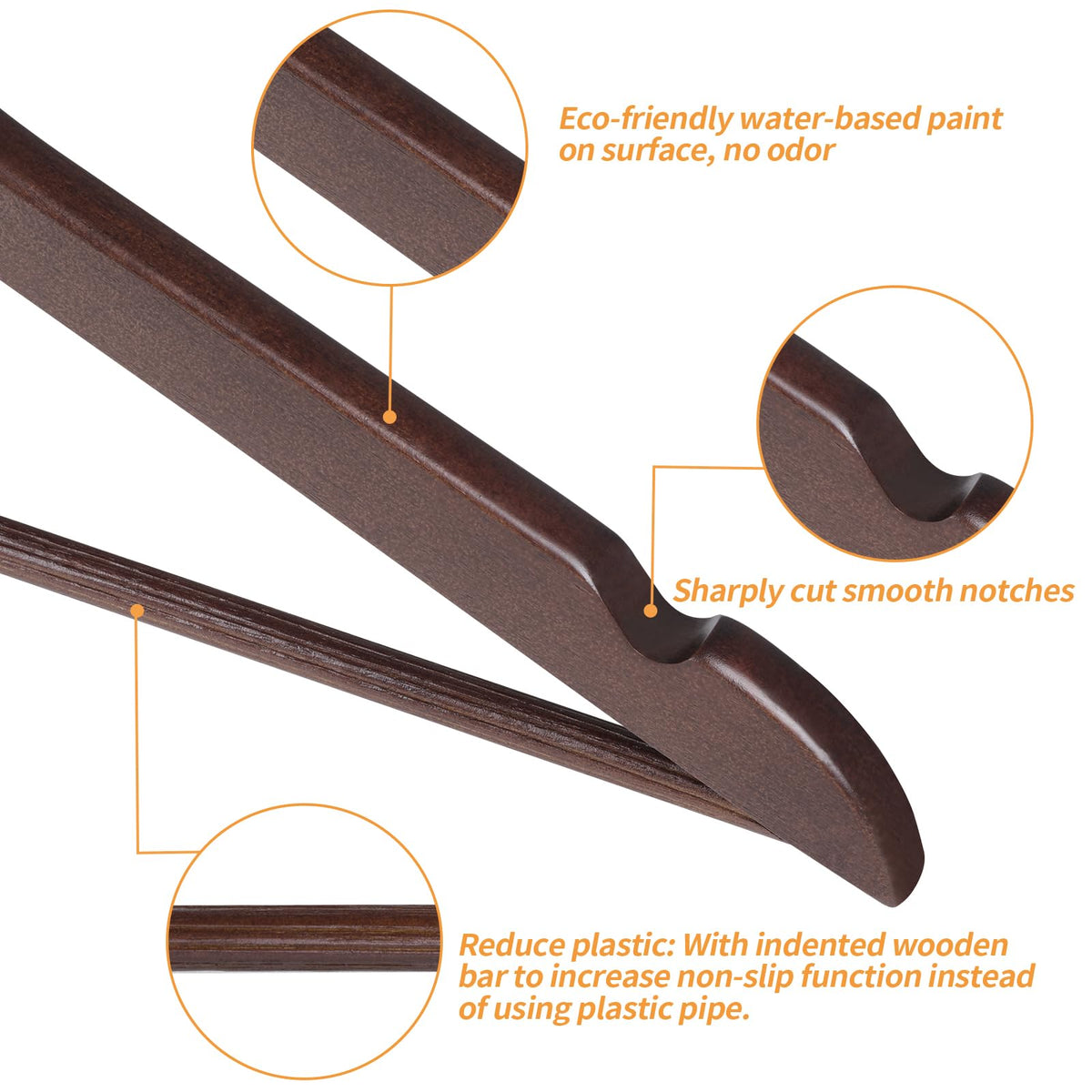 Amazon Basics smooth wood hangers highlighting the finished cherry surface.