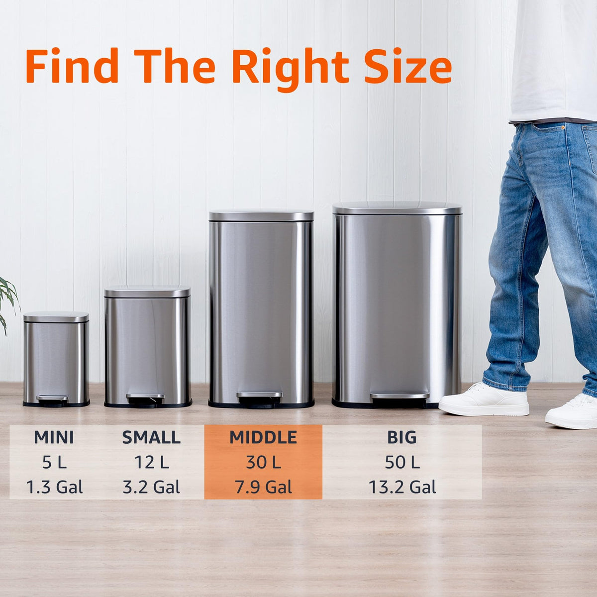 Soft-close lid on Amazon Basics trash can for smooth, quiet closure.
