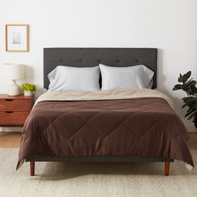 Amazon Basics soft comforter on full/queen bed in chocolate and khaki for all-season warmth