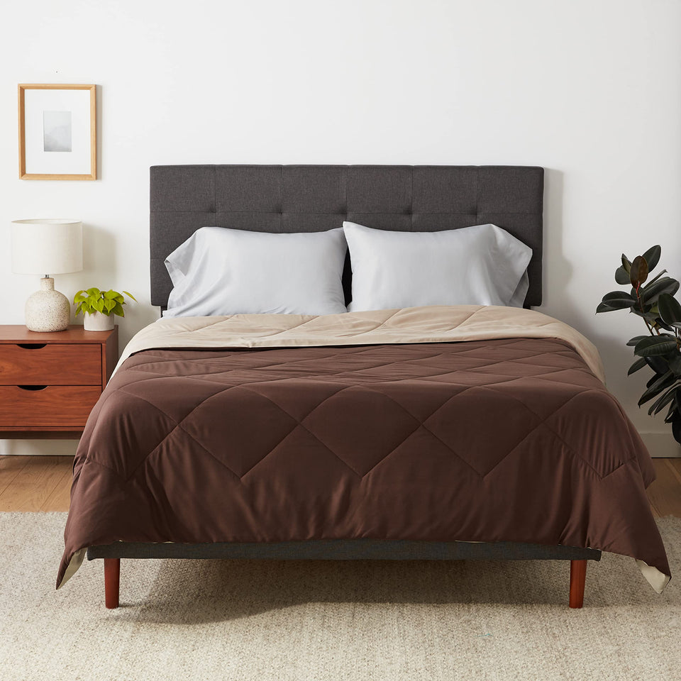 Amazon Basics soft comforter on full/queen bed in chocolate and khaki for all-season warmth