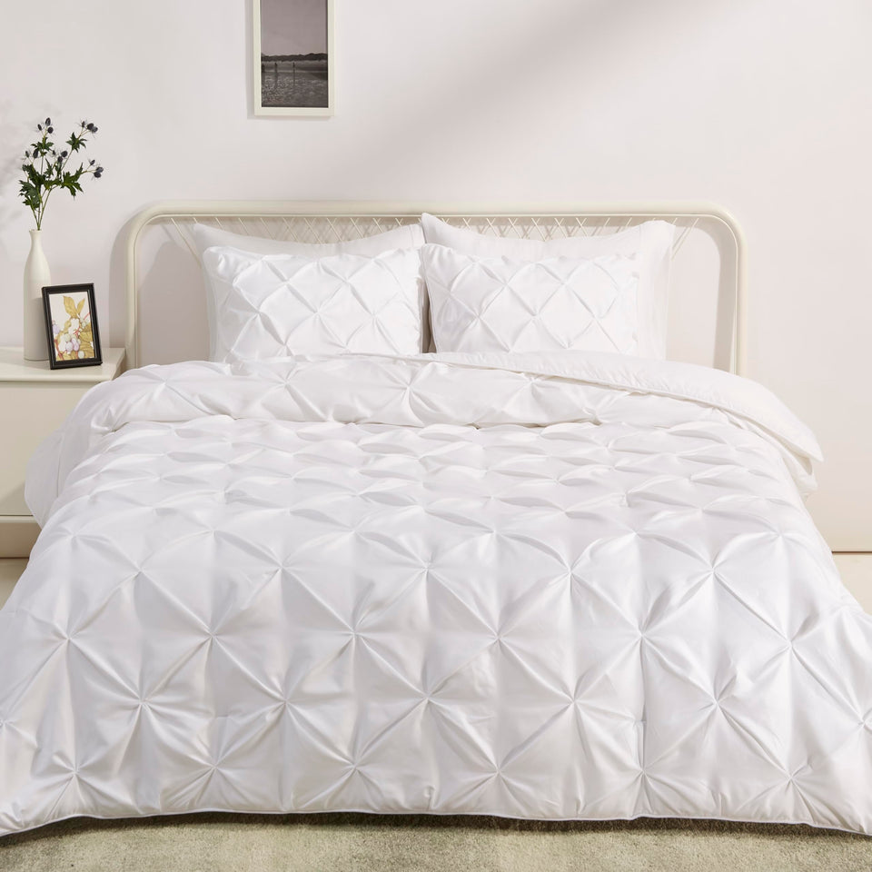 Amazon Basics soft down-alternative comforter in full-queen size offers lightweight warmth and breathability.