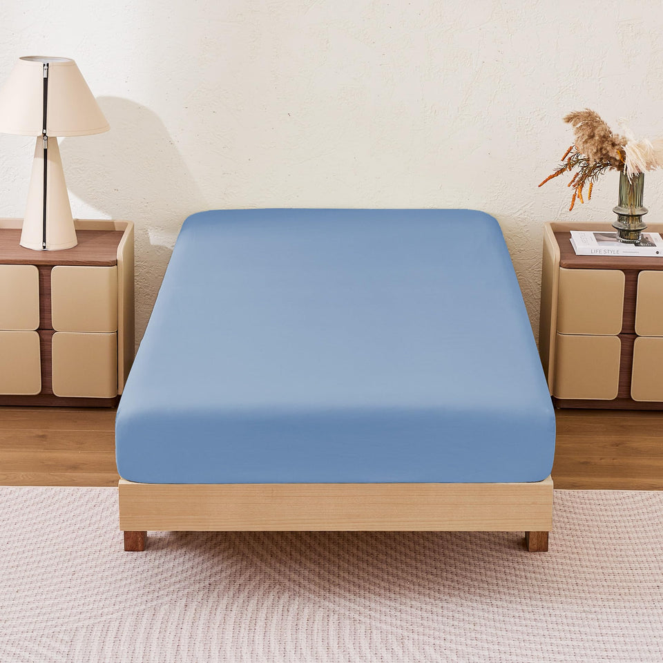 Amazon Basics soft fitted sheet boxed for storage in a two-pack.
