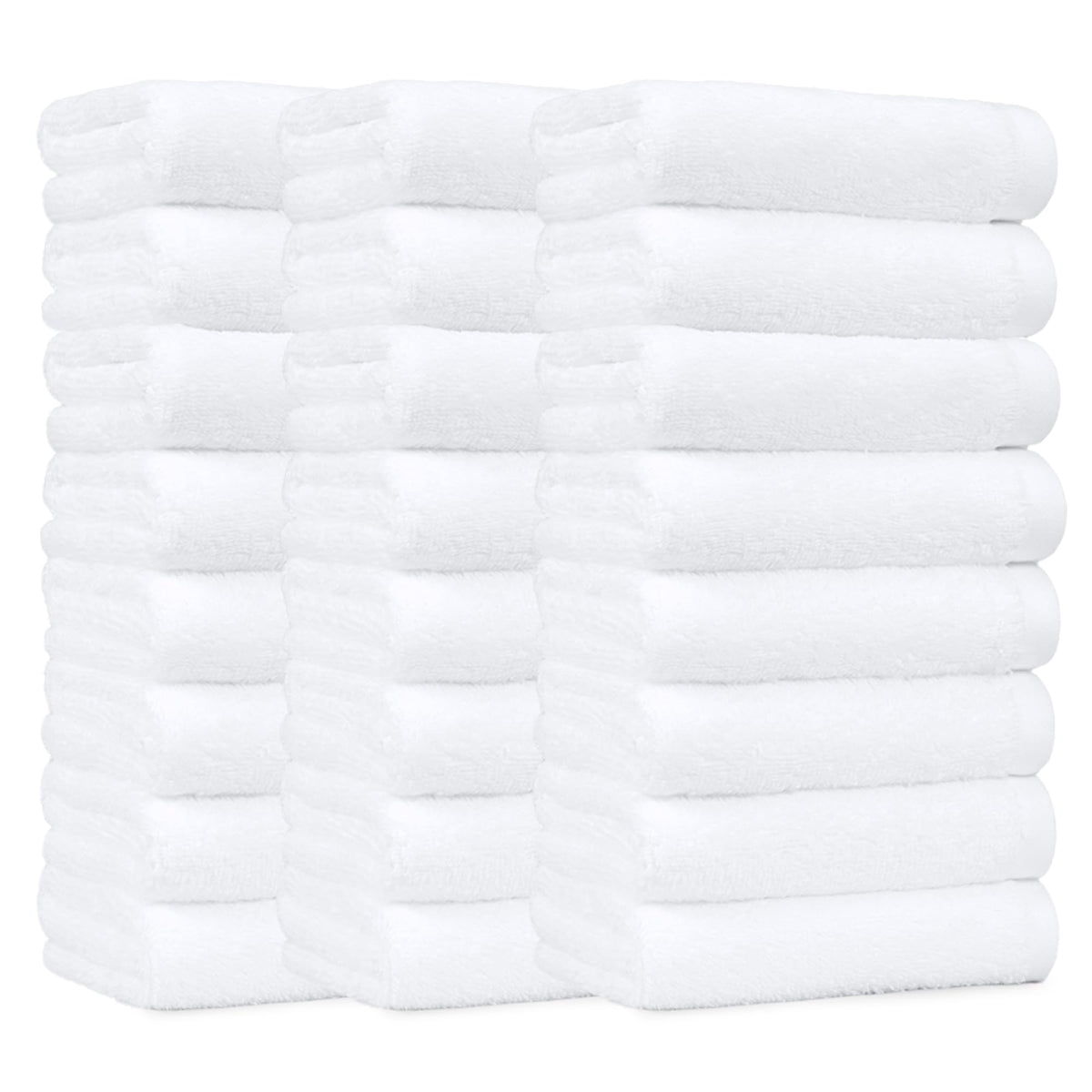 Amazon Basics soft, thick cotton hand towel 24-pack viewed in a gym and home setting.