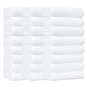 Amazon Basics soft, thick cotton hand towel 24-pack viewed in a gym and home setting.