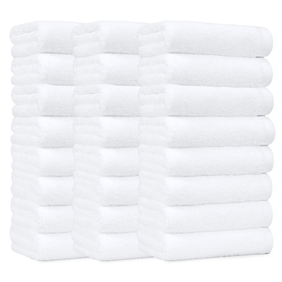 Amazon Basics soft, thick cotton hand towel 24-pack viewed in a gym and home setting.