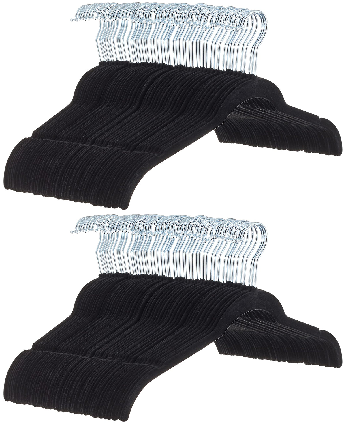 Amazon Basics space-saving velvet hangers in a black pack neatly organizing garments