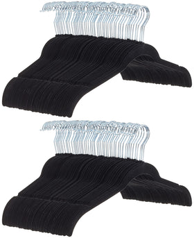 Amazon Basics space-saving velvet hangers in a black pack neatly organizing garments