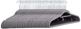 Amazon Basics space-saving velvet hangers with dark grey finish optimize closet space.