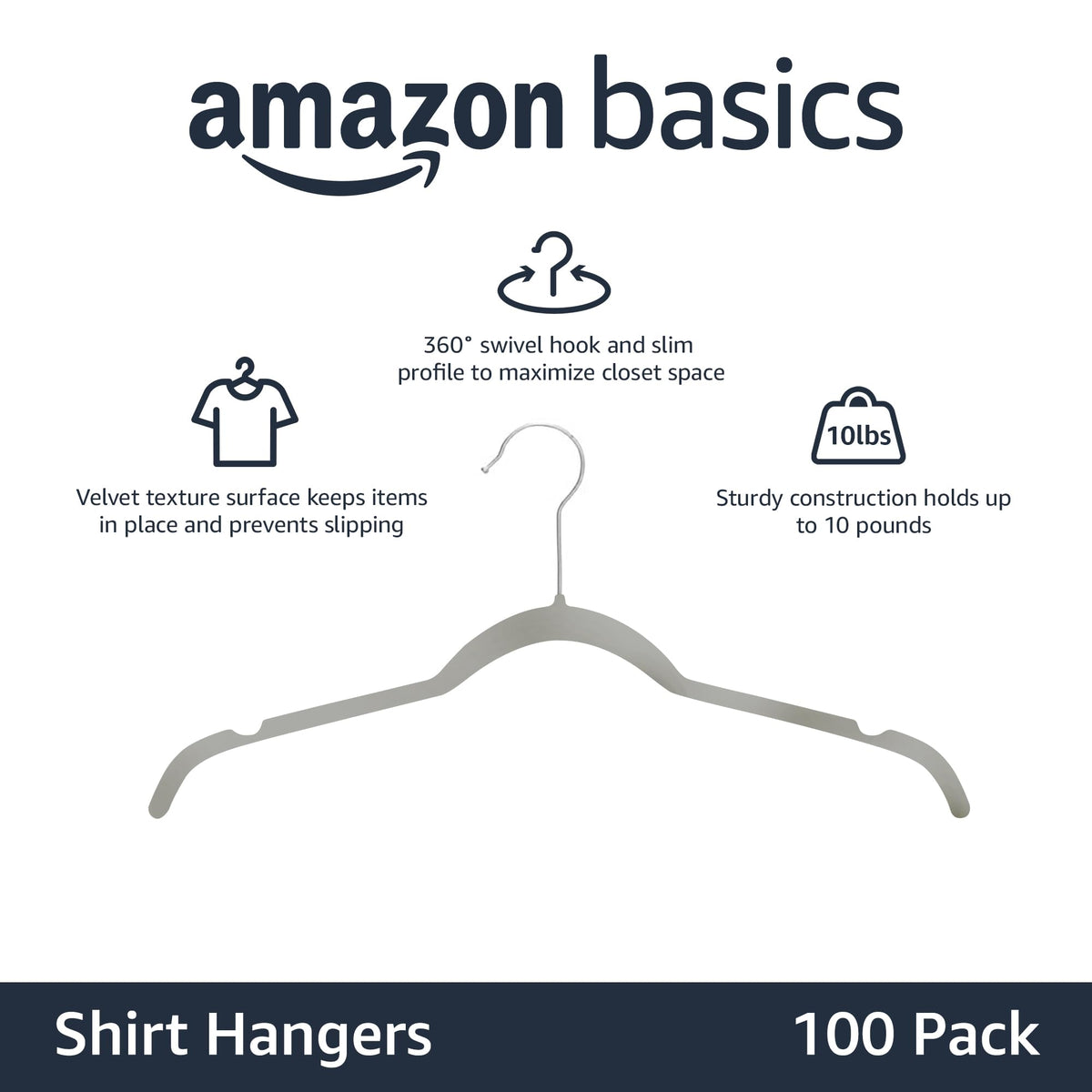 Amazon Basics space-saving slim profile hangers maximize closet space and organization.