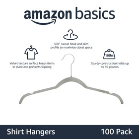 Amazon Basics space-saving slim profile hangers maximize closet space and organization.