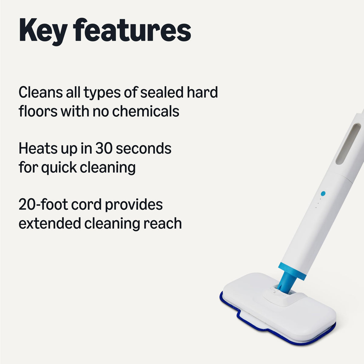 Amazon Basics steam mop quick-heat in 30 seconds supports rapid daily cleaning.