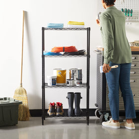 Amazon Basics black finish steel shelving emphasizes durable construction for long-lasting storage.