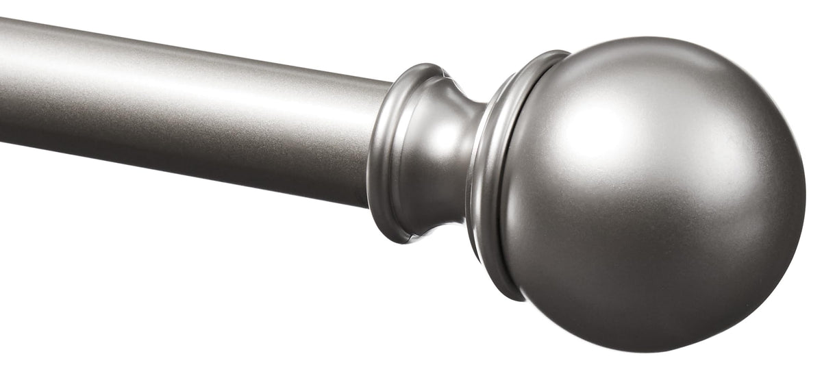 Amazon Basics sturdy curtain rod in nickel with round finials, durable metal finish and sleek design.