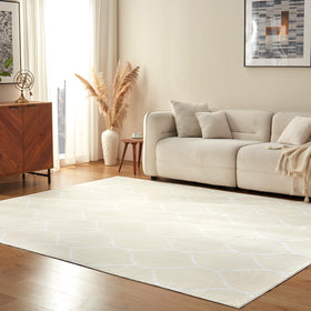 Amazon Basics thin indoor area rug with beige geometric pattern for living rooms