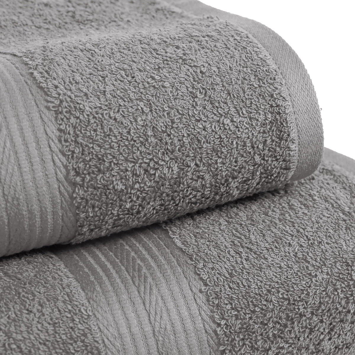 Amazon Basics towels with border detail in gray for a classic look and durability.