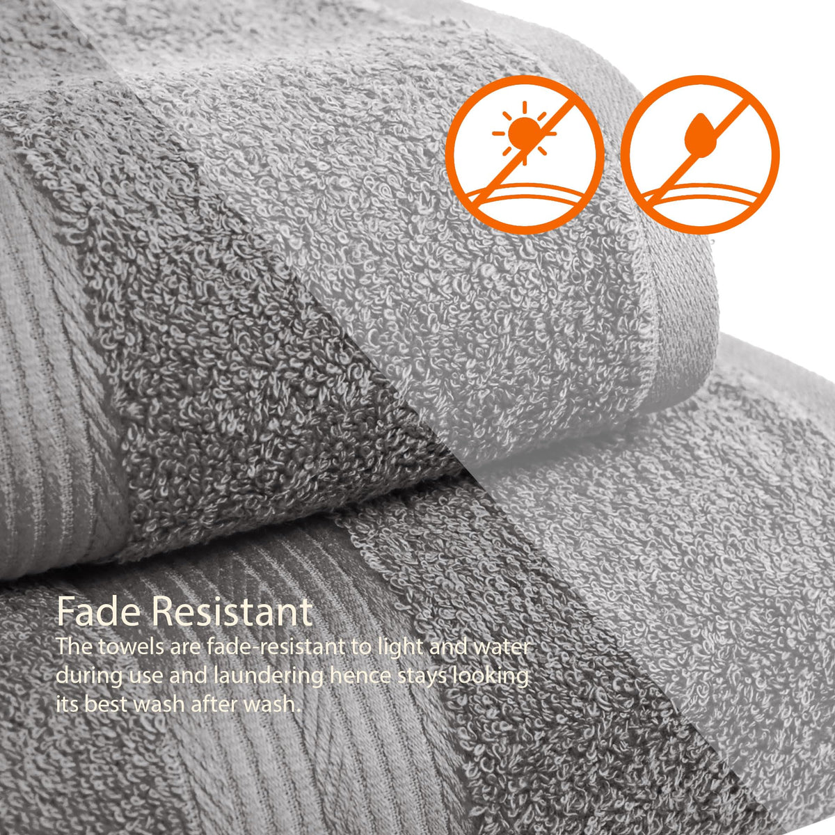 Amazon Basics folded towels in gray display for neat storage and organization.