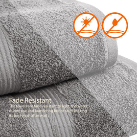 Amazon Basics folded towels in gray display for neat storage and organization.