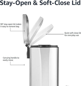 Compact dimensions of Amazon Basics trash can fit in kitchen or office spaces.