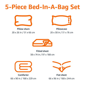Twin bed-in-a-bag components arranged for easy setup with Amazon Basics.