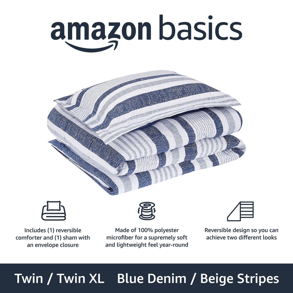 Reversible comforter design with blue denim and beige stripes for versatile styling