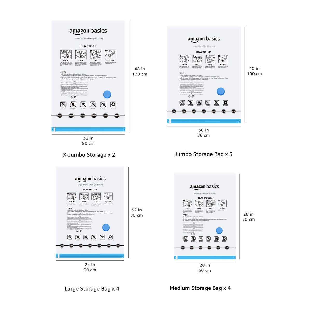 Amazon Basics vacuum storage bags dimensions chart indicating versatile sizes for bedding and garments.