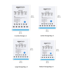 Amazon Basics vacuum storage bags dimensions chart indicating versatile sizes for bedding and garments.