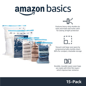 Amazon Basics vacuum storage bags hand-pump in use demonstrating easy, portable compression for travel.