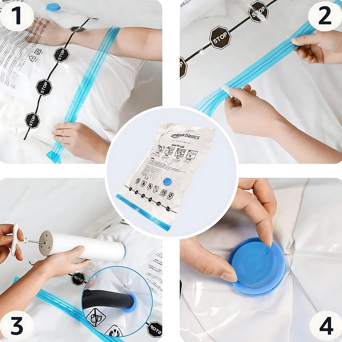 Amazon Basics vacuum storage bags with heavy-duty seals highlighting airtight protection for clothing.