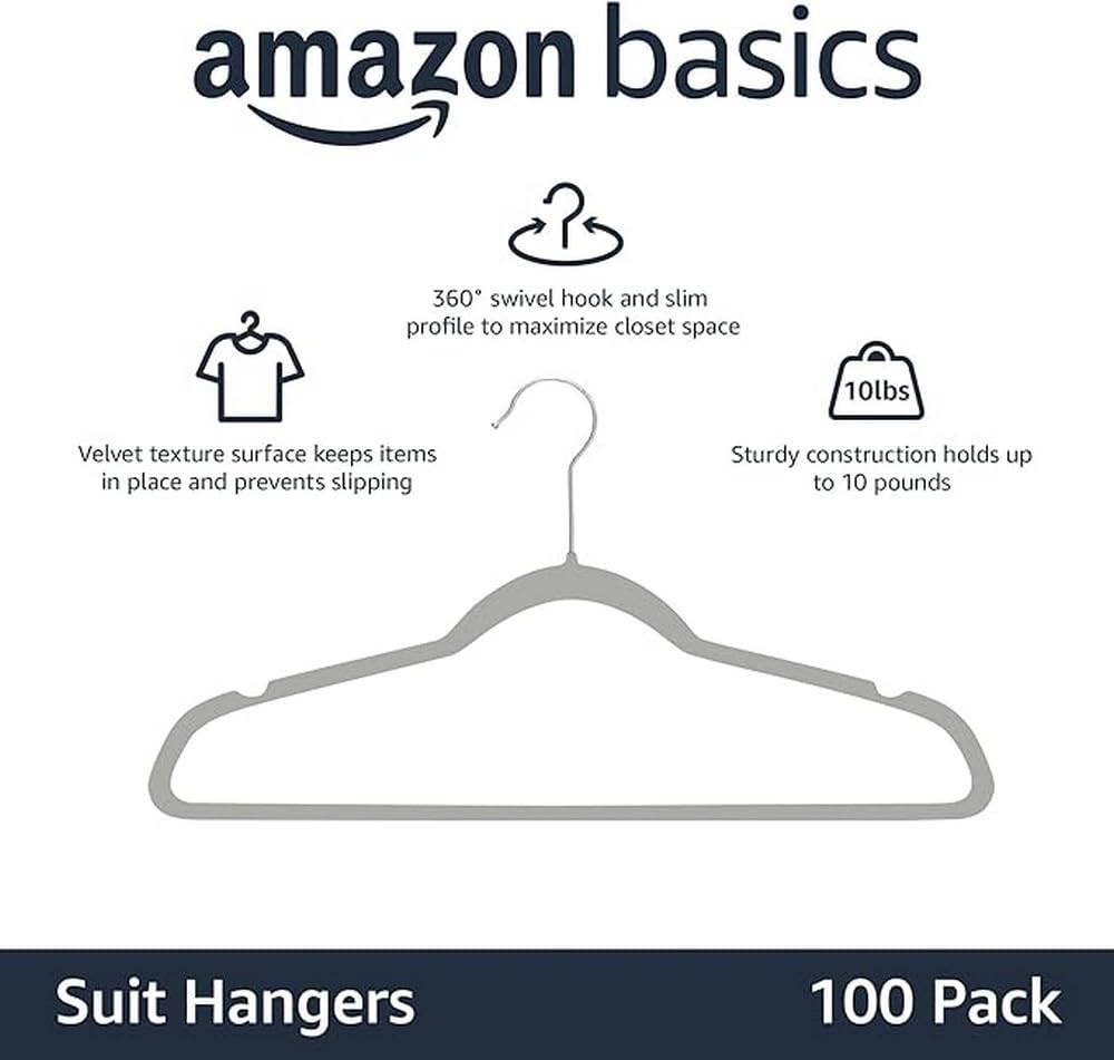 Amazon Basics velvet hanger with notched shoulders prevents slipping for secure garment grip.