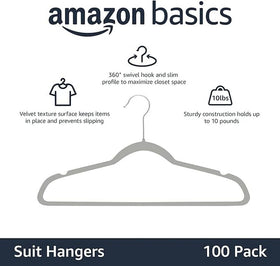Amazon Basics velvet hanger with notched shoulders prevents slipping for secure garment grip.