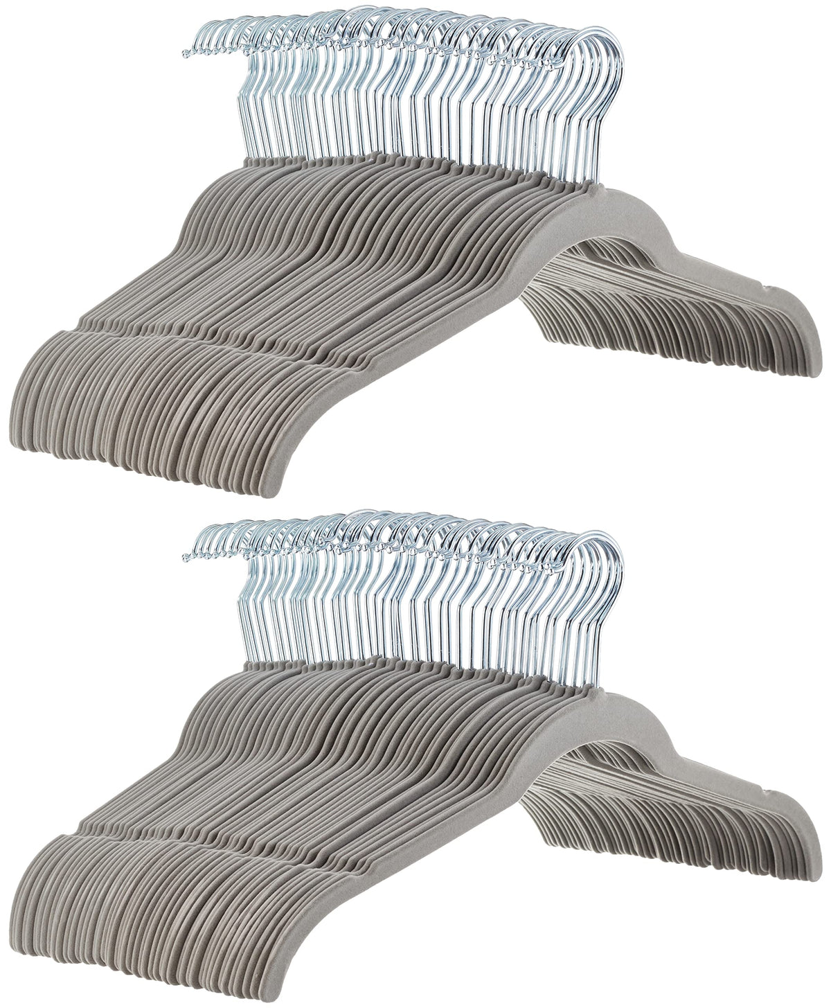 Amazon Basics velvet hangers with notched shoulders prevent slipping for shirts and dresses.