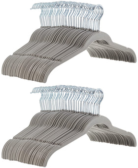 Amazon Basics velvet hangers with notched shoulders prevent slipping for shirts and dresses.