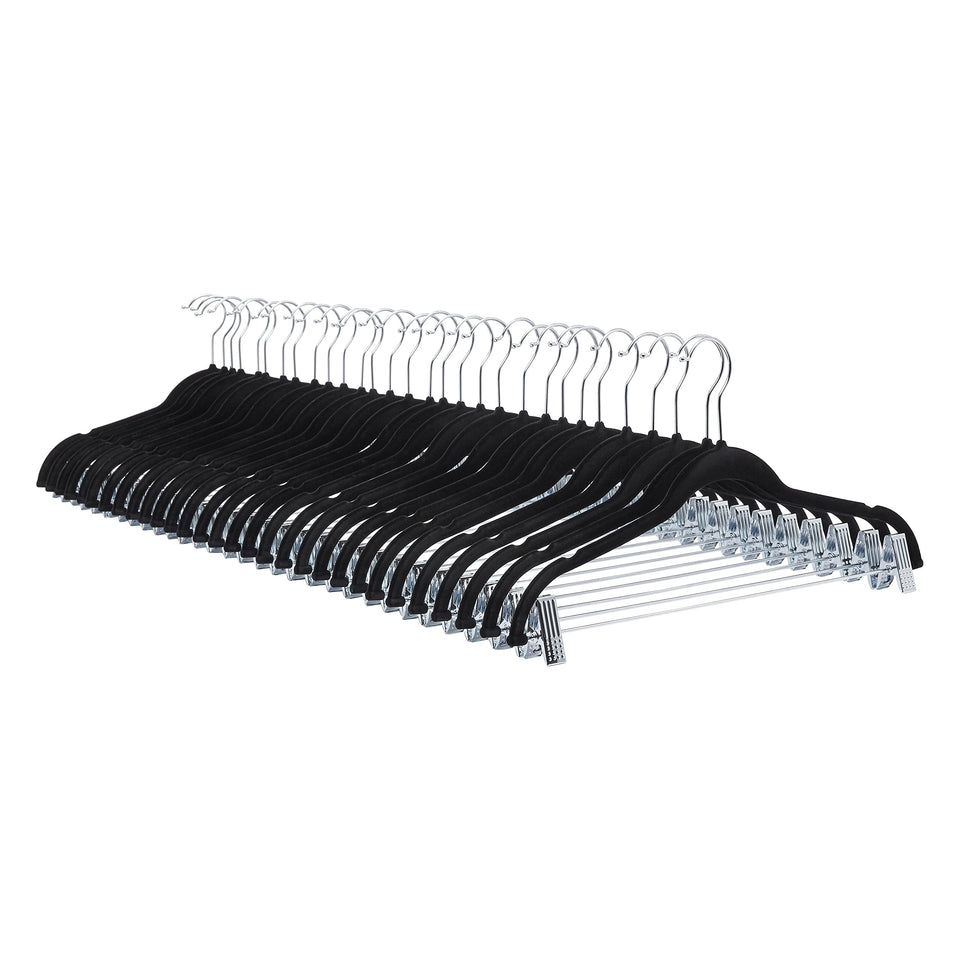 Amazon Basics velvet skirt hanger with clips showing notched shoulders for strap protection.
