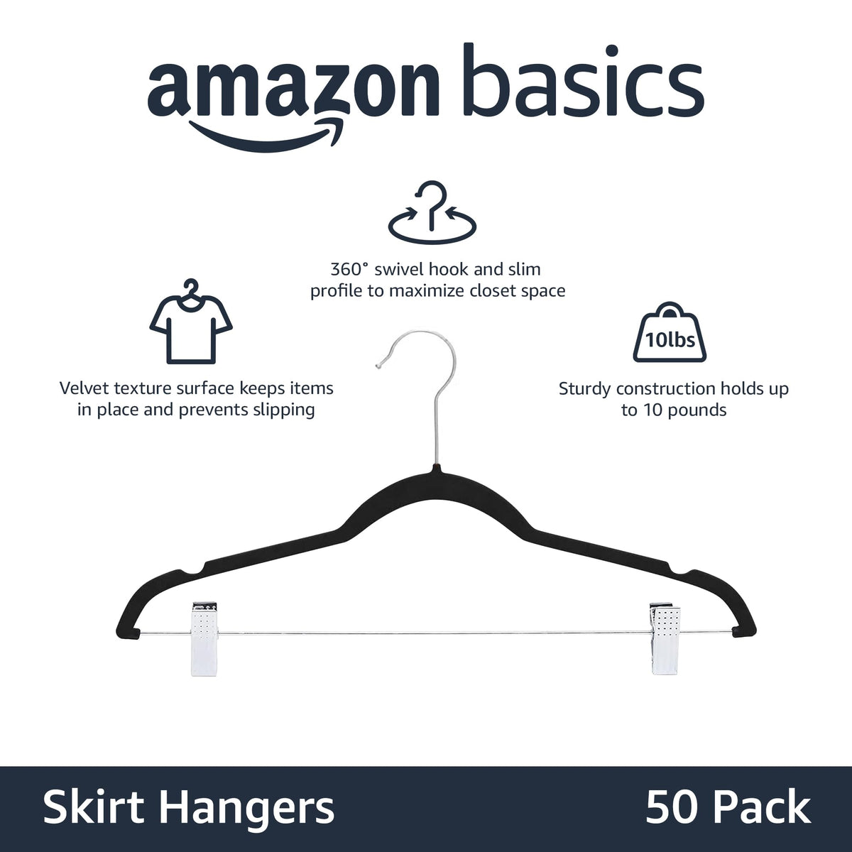 Amazon Basics velvet skirt hanger with clips swiveling hook for easy access.